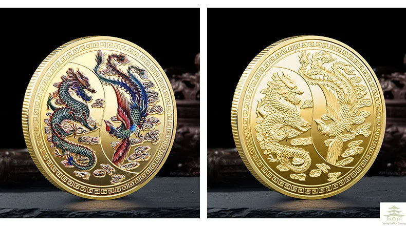 A round gold commemorative coin featuring a Chinese dragon and phoenix design.