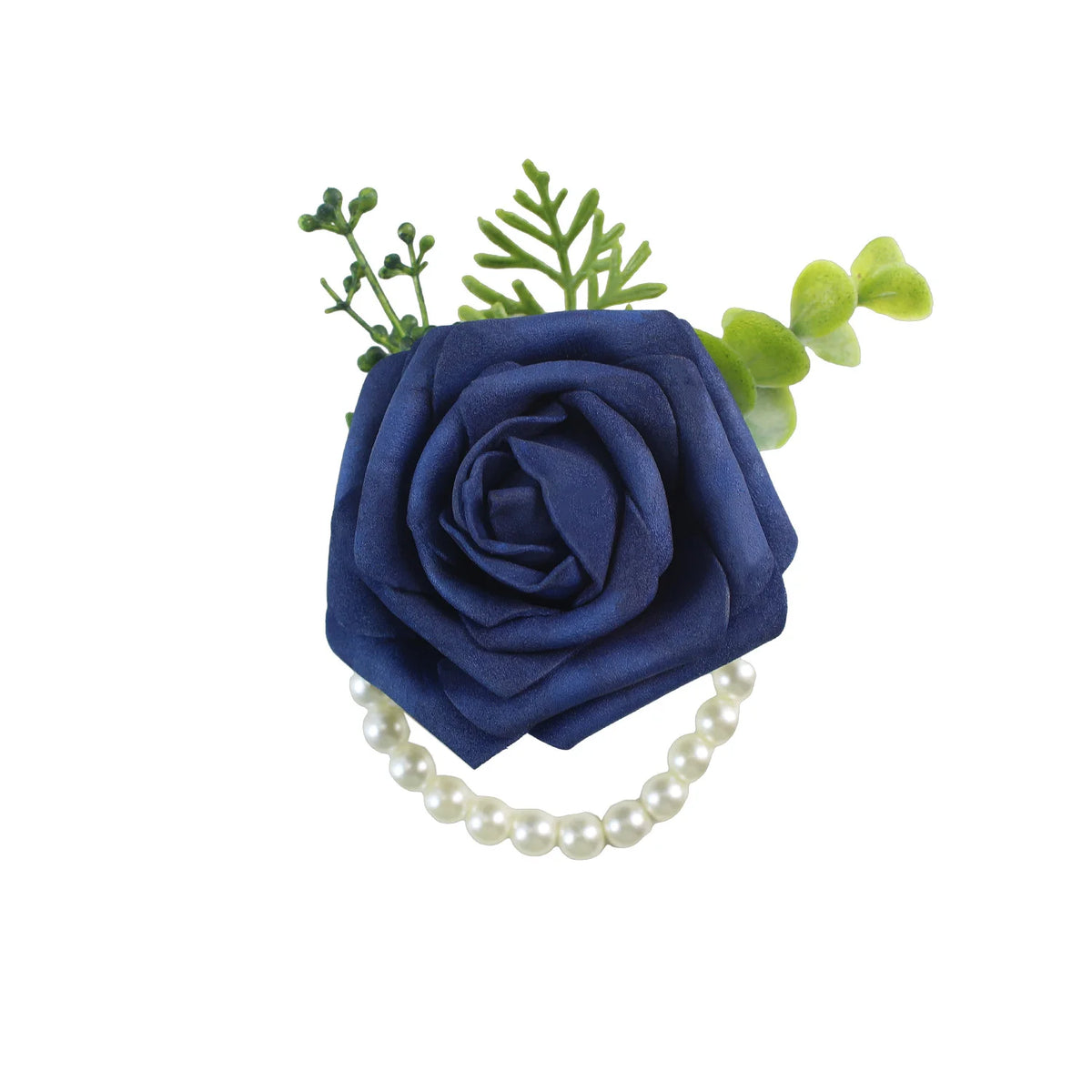 A deep blue silk rose corsage attached to a pearl beaded bracelet with green foliage.