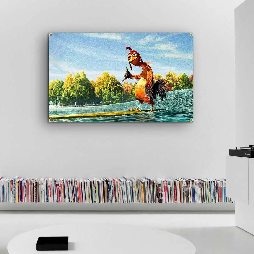 A painting of a rooster surfing on a green wave with a sunny, forested background.