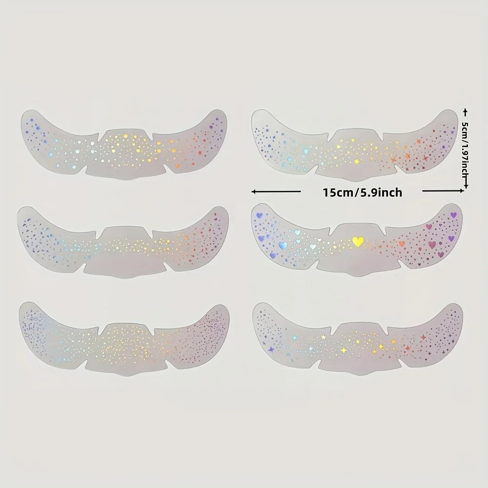A set of holographic glitter heart temporary tattoos in various sizes and colors.
