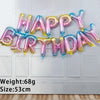 A string of 13 foil letter birthday balloons in various iridescent colors hangs against a white door.
