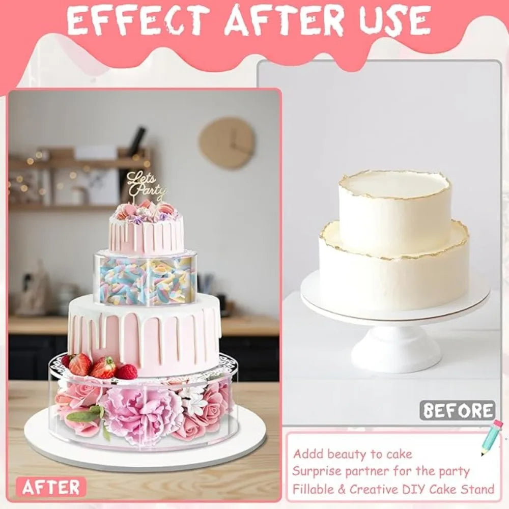 Before and after photos showing a pink tiered cake display stand for a party