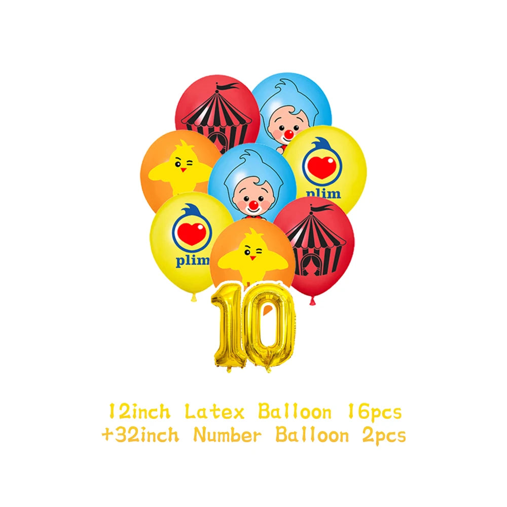 A set of ten yellow and red cartoon animal-themed latex balloons with faces and numbers for a party decoration.