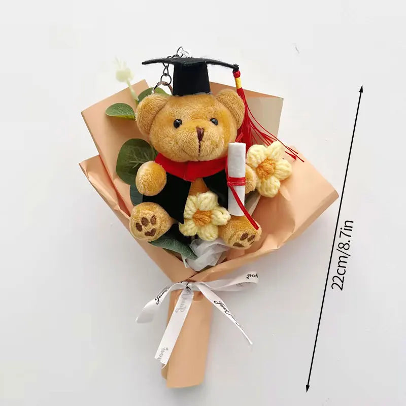 Handcrafted crochet flower bouquet featuring a teddy bear and various flowers wrapped in brown paper.
