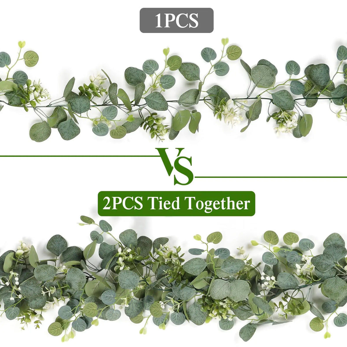 Une branche de guirlande d'eucalyptus artificielle avec des feuilles vertes et de petites fleurs blanches.