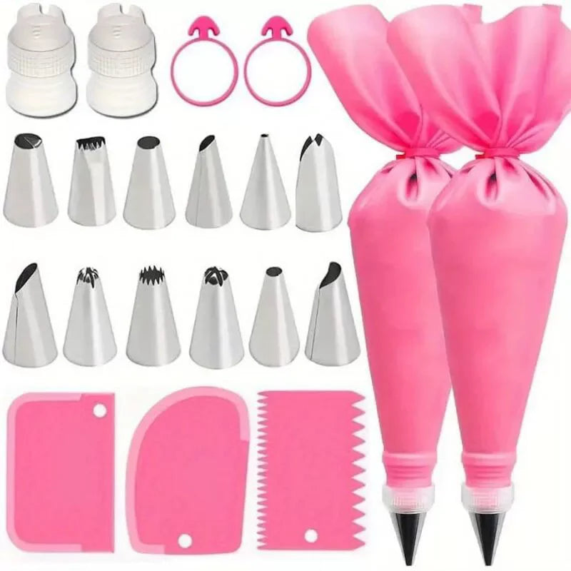 Un juego de boquillas y puntas para decorar pasteles de acero inoxidable rosa y plateado.