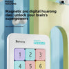 A white magnetic sliding block puzzle with numbered tiles from one to six, set against a light green and blue background.