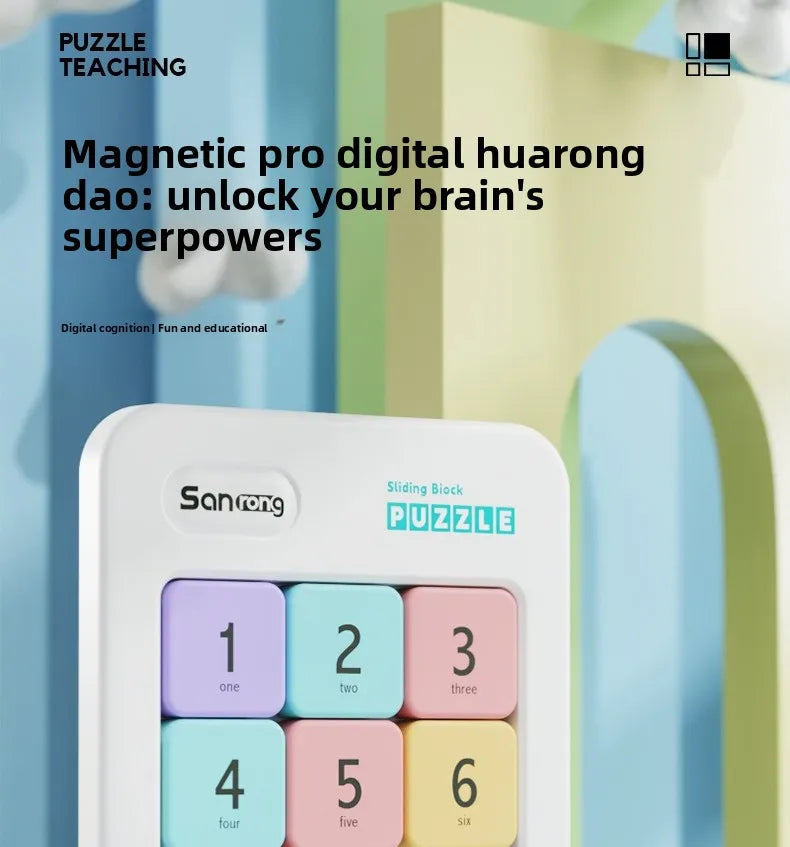 A white magnetic sliding block puzzle with numbered tiles from one to six, set against a light green and blue background.