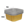 A stack of square aluminum foil baking boxes with transparent lids, showing dimensions of 9cm and 3.6cm.