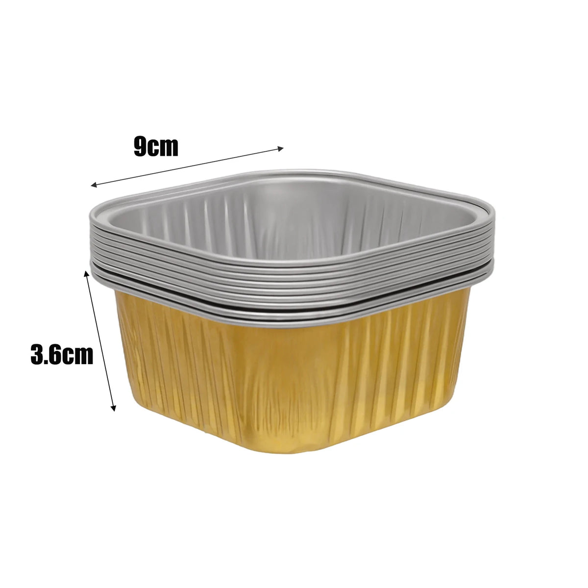 A stack of square aluminum foil baking boxes with transparent lids, showing dimensions of 9cm and 3.6cm.