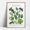 Botanical philodendron canvas wall art featuring various green and white monstera leaves on a white background