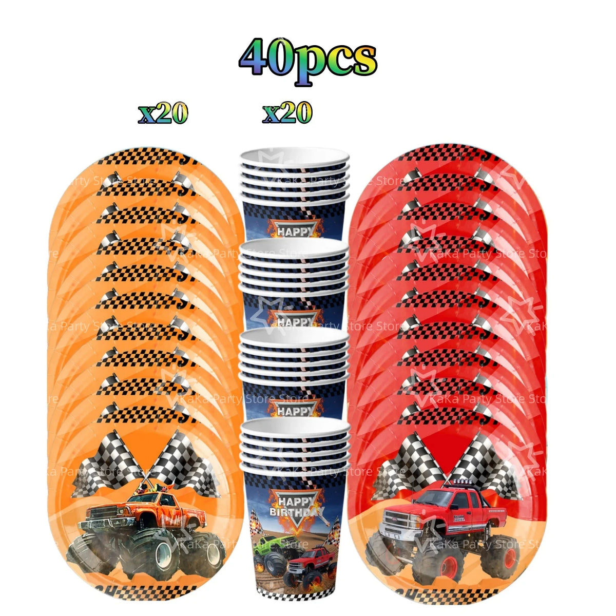 A set of 40 party decorations featuring a monster truck theme with tableware and backdrop