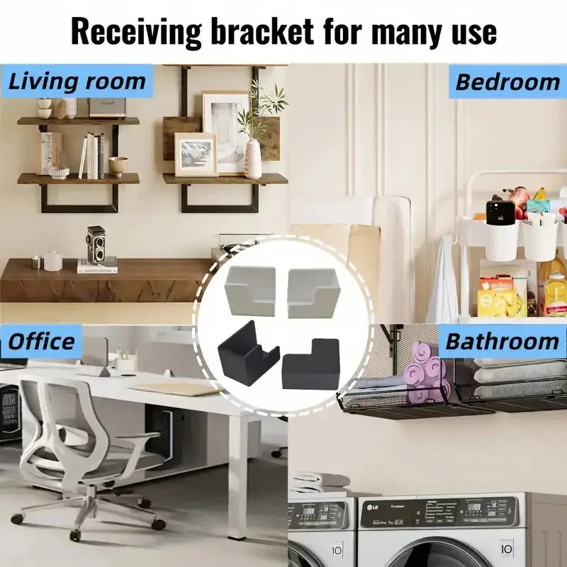 A multi-purpose bracket for various uses shown in living room, bedroom, office, and bathroom settings.
