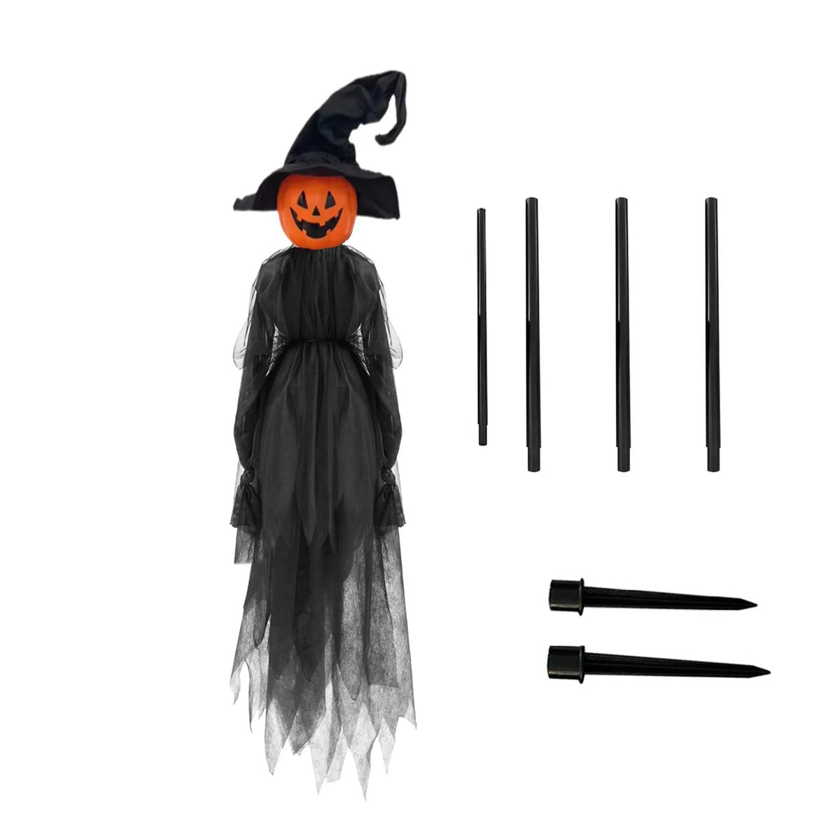A black witch hat with an orange carved pumpkin face and several black witch accessories.