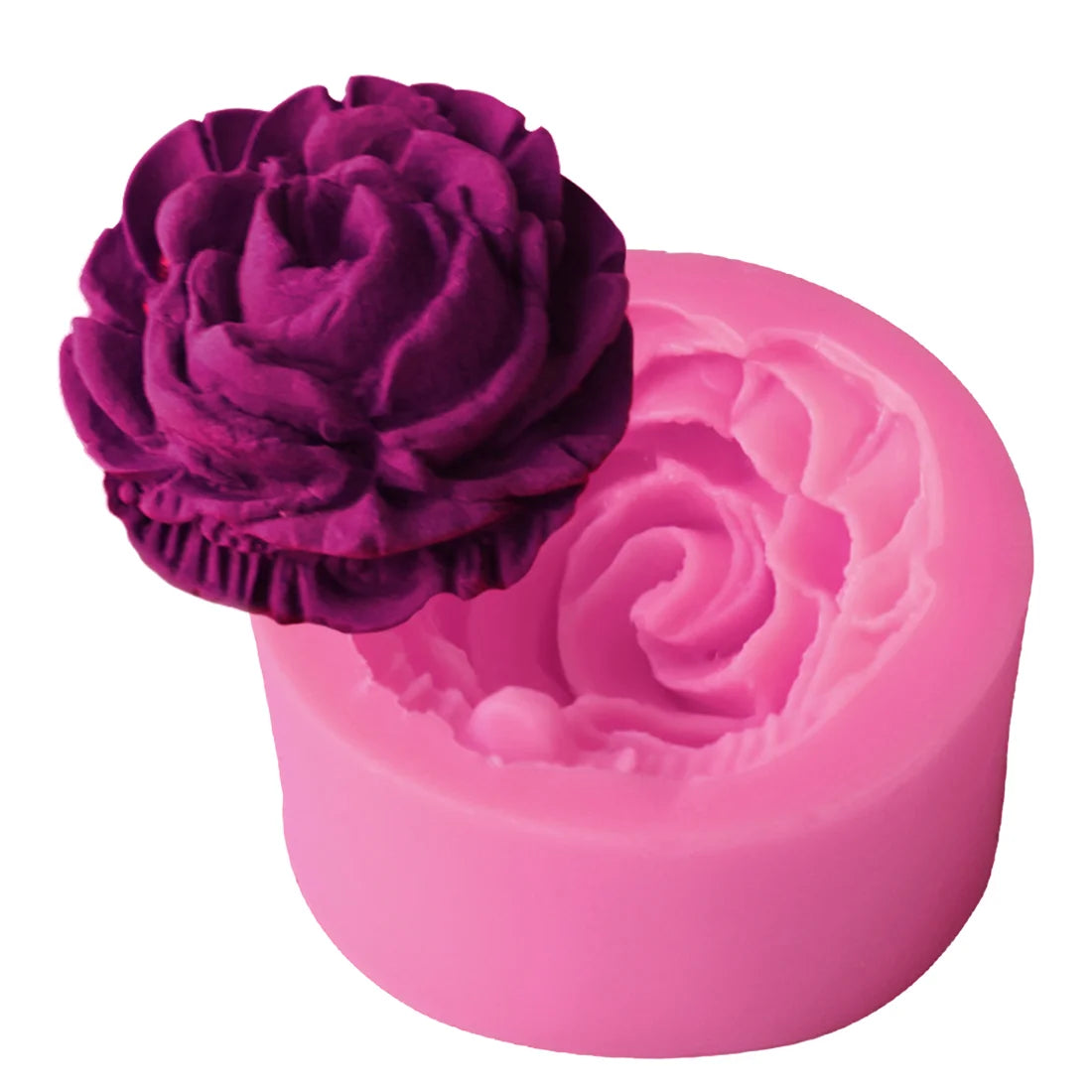 A silicone mold for decorating a 3D rose flower cake, featuring a deep purple rose on a pink base.