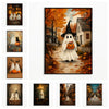 A vertical poster featuring a white ghost figure standing in an autumn landscape with orange foliage and a vintage pumpkin.
