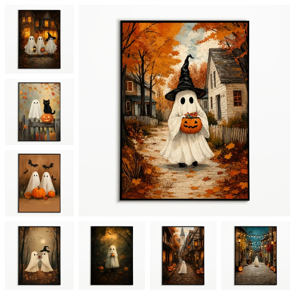 A vertical poster featuring a white ghost figure standing in an autumn landscape with orange foliage and a vintage pumpkin.