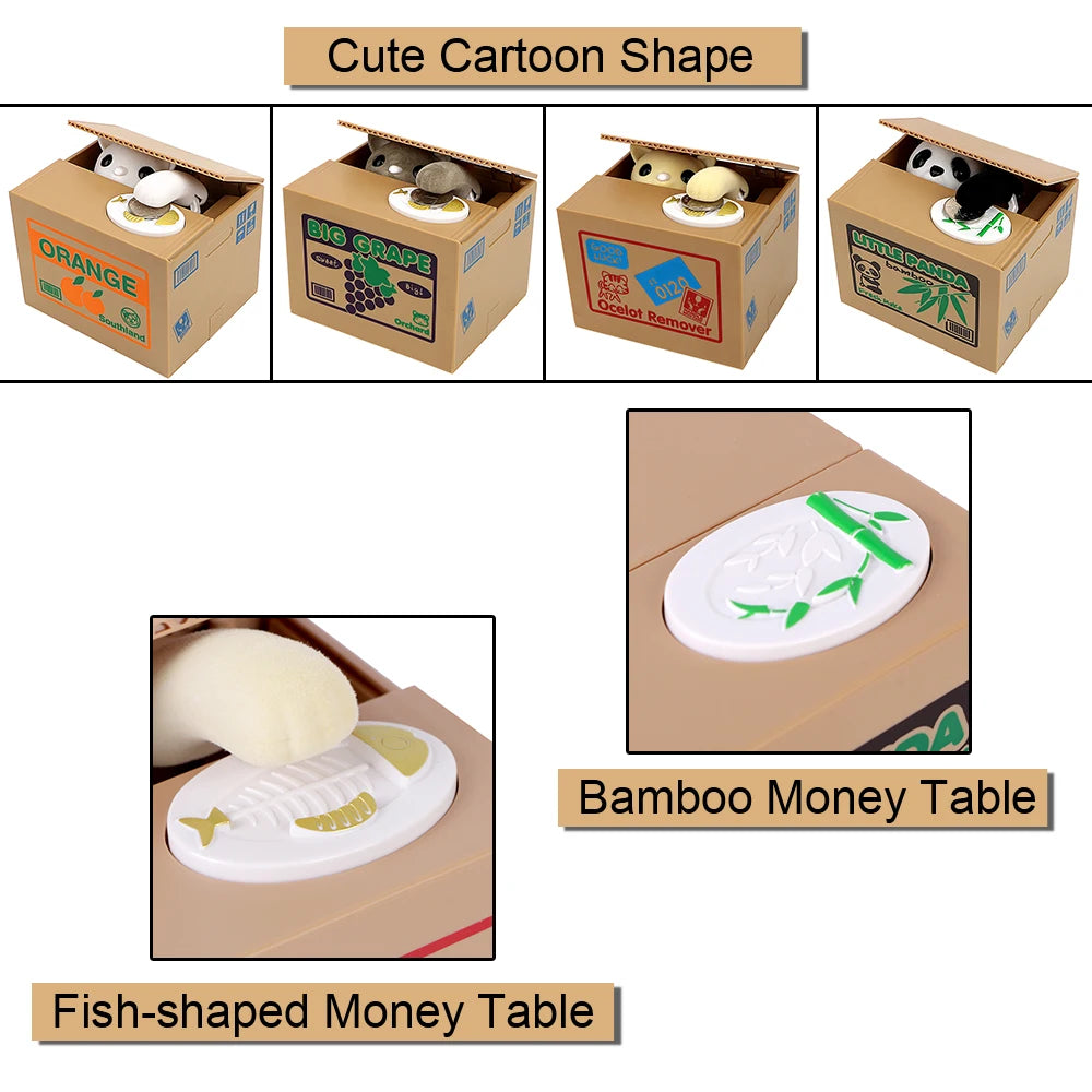 A set of cute cartoon shape coin saving boxes including orange, bio grape, and panda designs, along with a bamboo and fish-sh