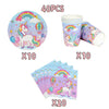 A set of 40 unicorn themed birthday party supplies including a unicorn plate, cups, and confetti.