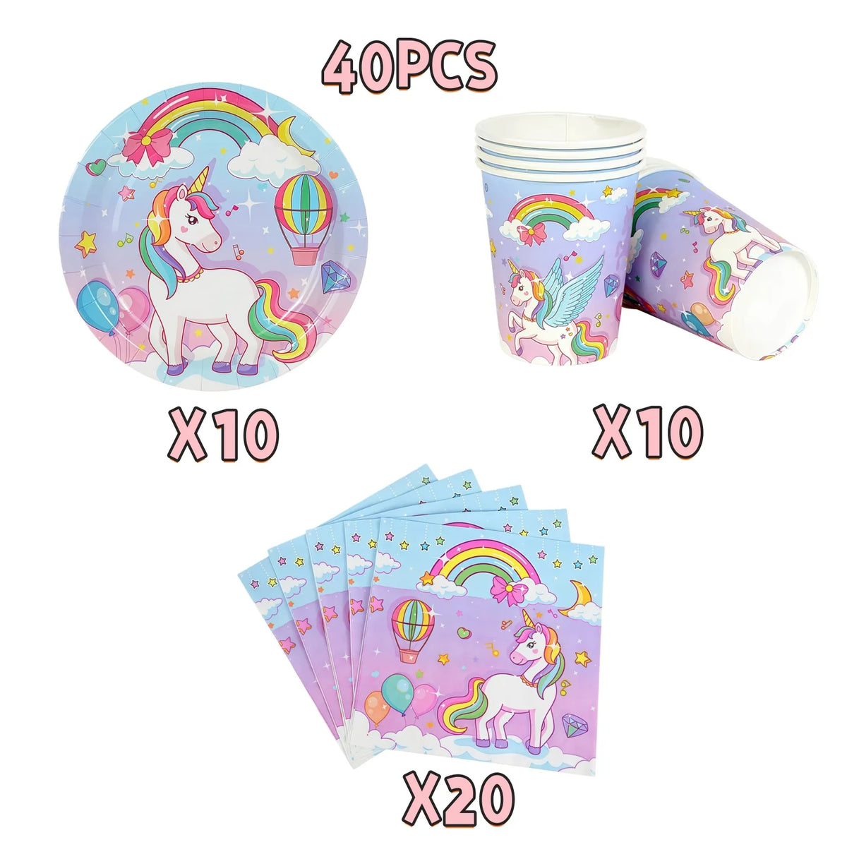 A set of 40 unicorn themed birthday party supplies including a unicorn plate, cups, and confetti.