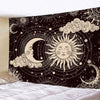 A dark celestial tapestry featuring a full moon, crescent moon, and sun surrounded by stars and clouds.