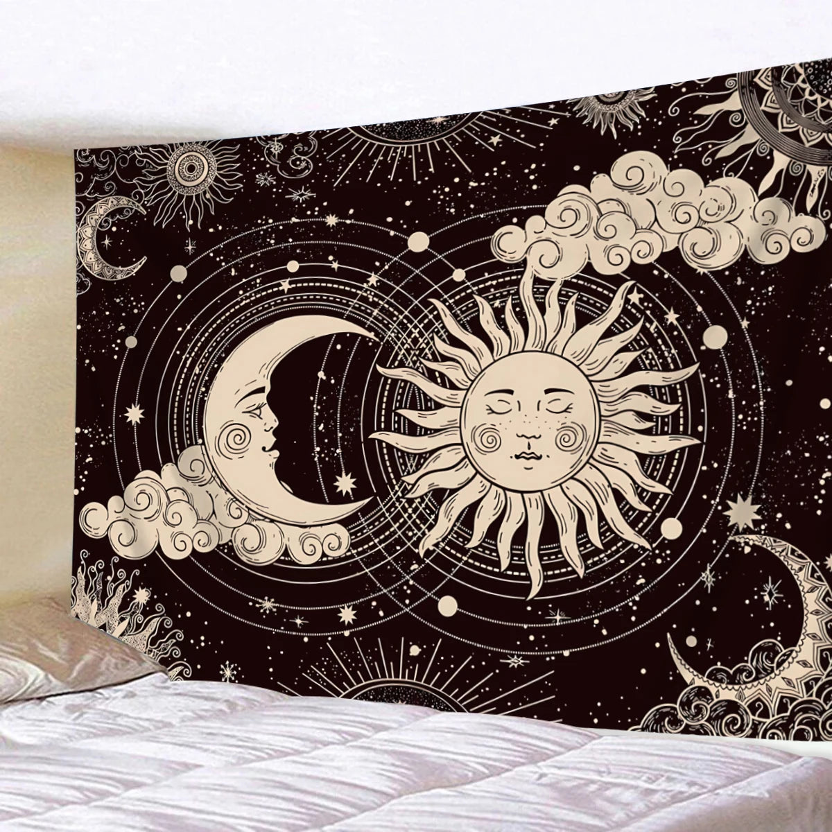 A dark celestial tapestry featuring a full moon, crescent moon, and sun surrounded by stars and clouds.