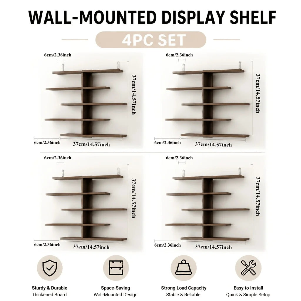 A set of four wall-mounted display shelves made of wood in a natural brown color.
