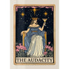 A vertical tarot card illustration featuring a woman with a crown holding a glass, set against a dark starry background and p