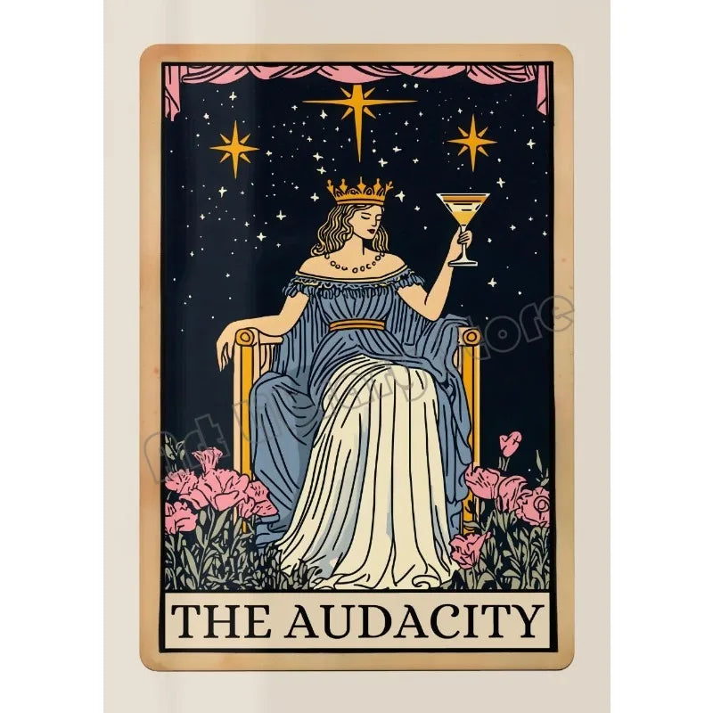 A vertical tarot card illustration featuring a woman with a crown holding a glass, set against a dark starry background and p