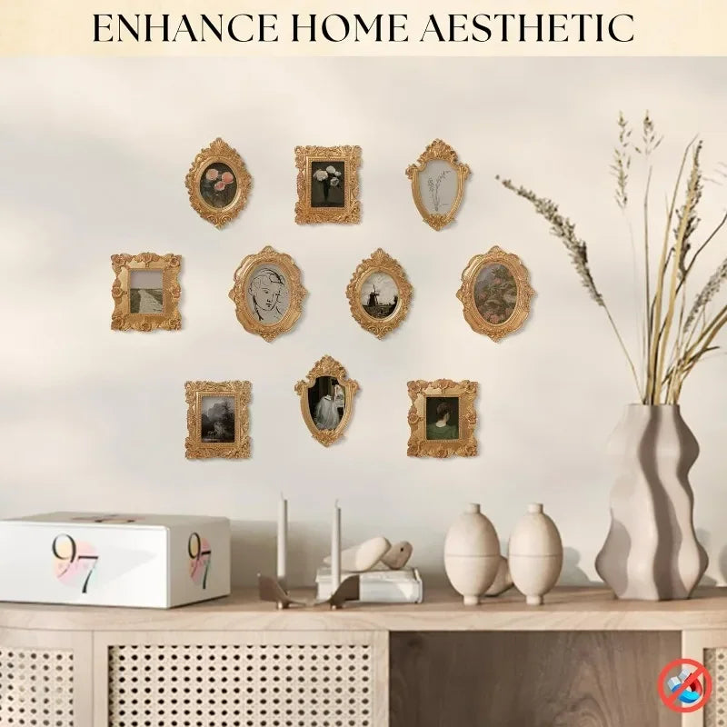 A gallery wall display featuring ten vintage resin picture frames in various sizes and gold tones on a light wall.