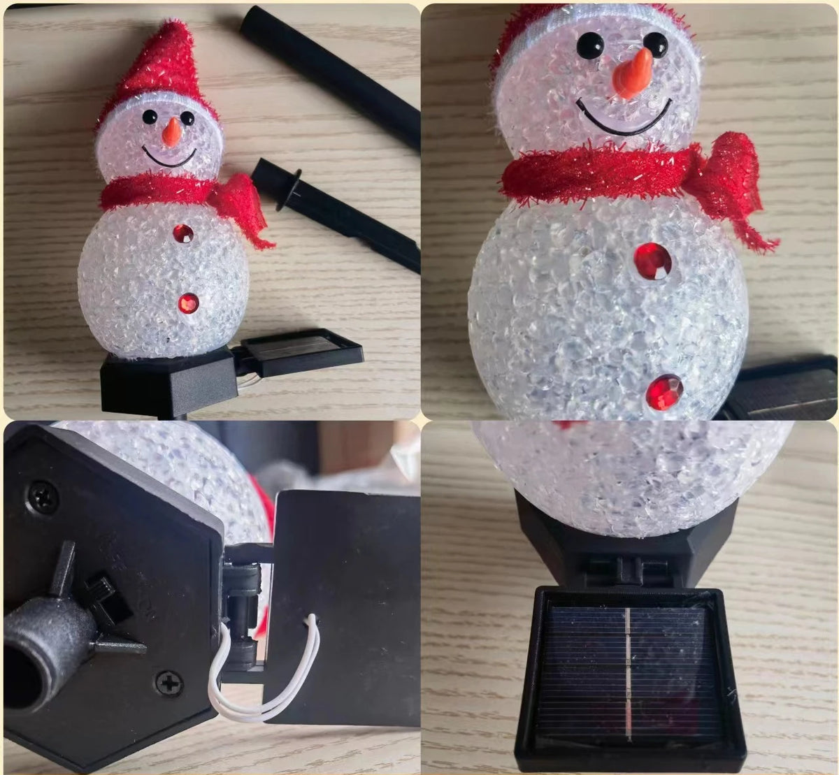 A close-up view of a solar powered outdoor Christmas snowman light with a red scarf and glowing eyes.