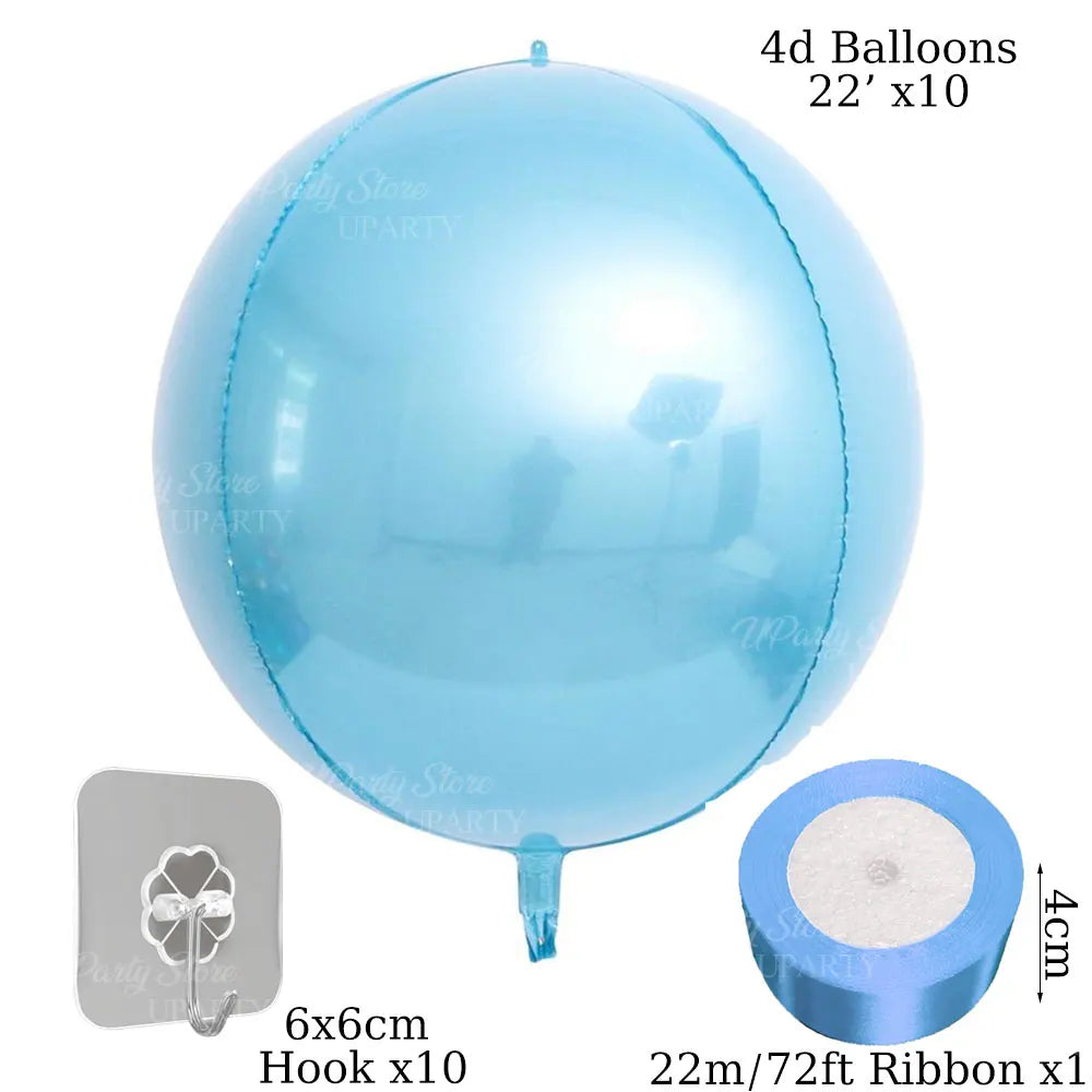 A light blue round 4D balloon is shown with a silver hook and a 22m ribbon.