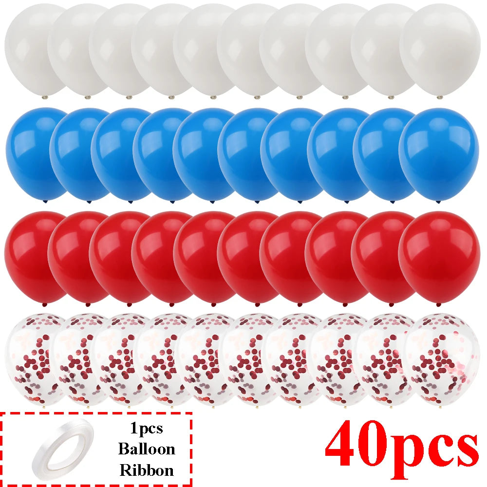 Ein Set von 40 Latex-Ballons in Weiß, Blau und Rot mit Schleifen und Konfetti.