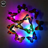 A display of colorful 3D LED butterflies illuminating a dark background.