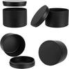 Set of four black candle tin containers with lids shown in various angles