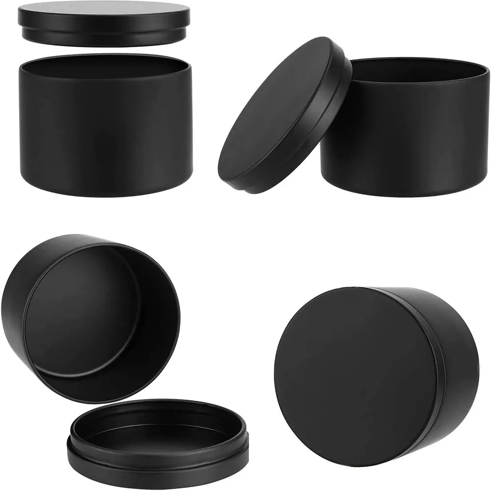 Set of four black candle tin containers with lids shown in various angles