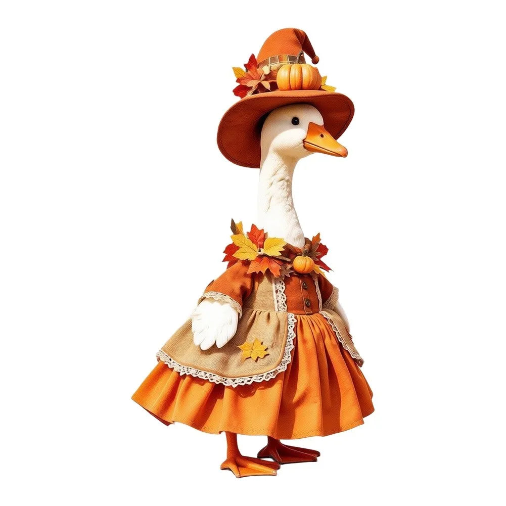 An orange goose costume featuring a headpiece and ruffled skirt for autumn decor.