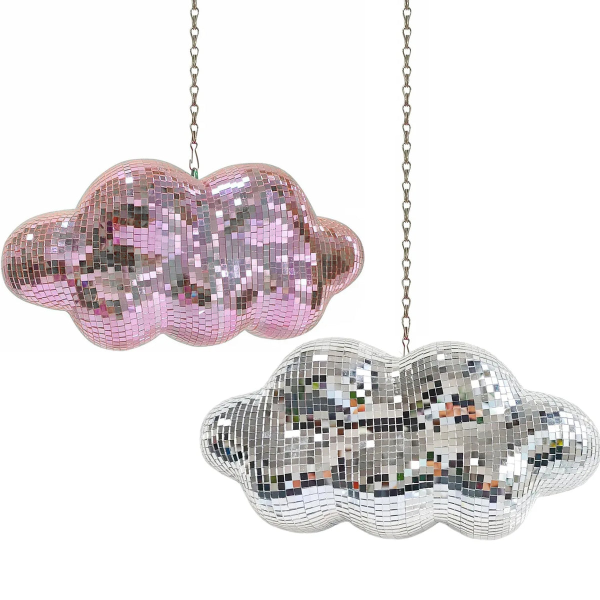 Two hanging glass mirror ornaments shaped like clouds, one pink and one silver.