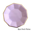 Eight 9-inch plates with a purple and gold design for party tableware