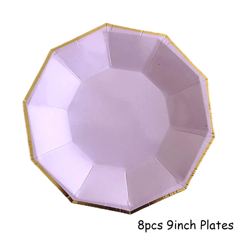 Eight 9-inch plates with a purple and gold design for party tableware