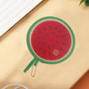 A round fabric hand fan with a watermelon design, featuring red, green, and pink accents.