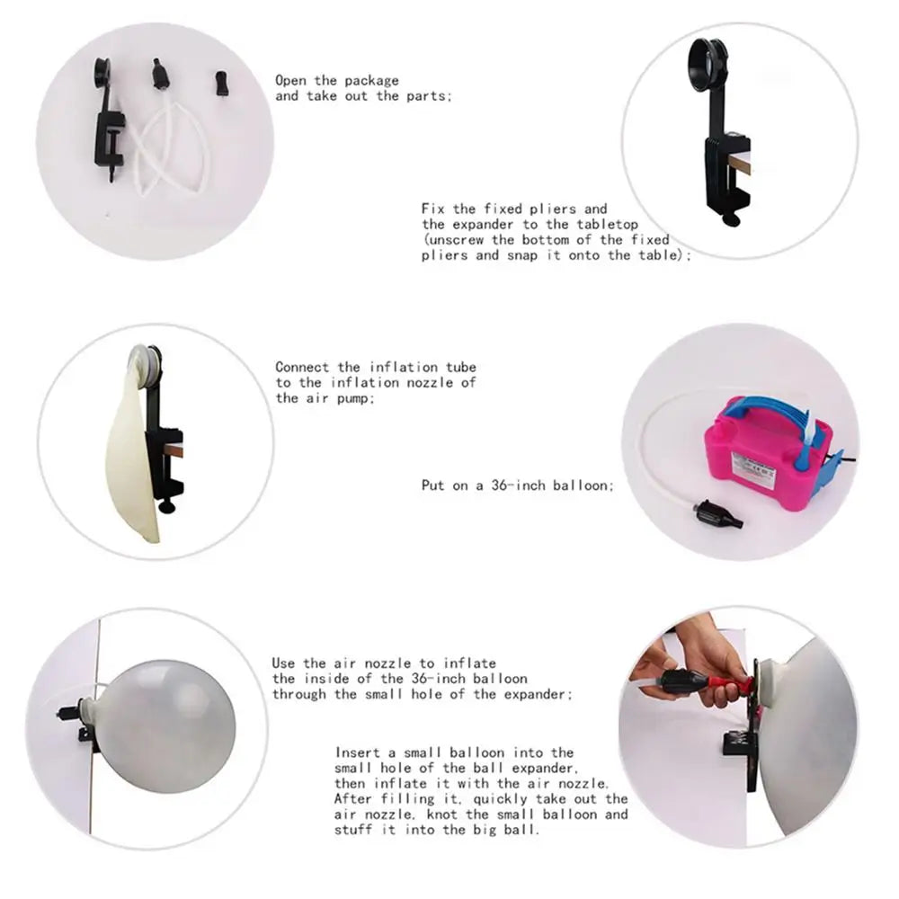 Instructions for using a balloon stuffing tool kit to inflate a 36-inch balloon.