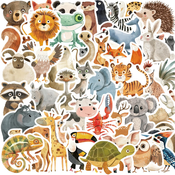 An assortment of colorful animal stickers featuring lions, pandas, elephants, monkeys, and various wildlife designs.