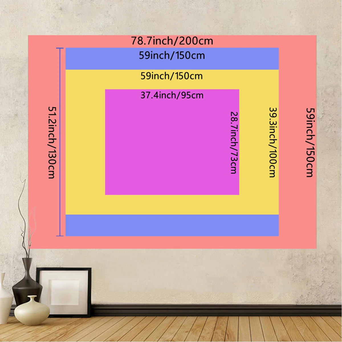 A colorful abstract tapestry featuring layered geometric shapes in pink, yellow, and blue tones.