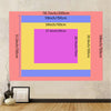 A colorful rectangular tapestry wall hanging with layered geometric shapes in pink, yellow, and blue tones.