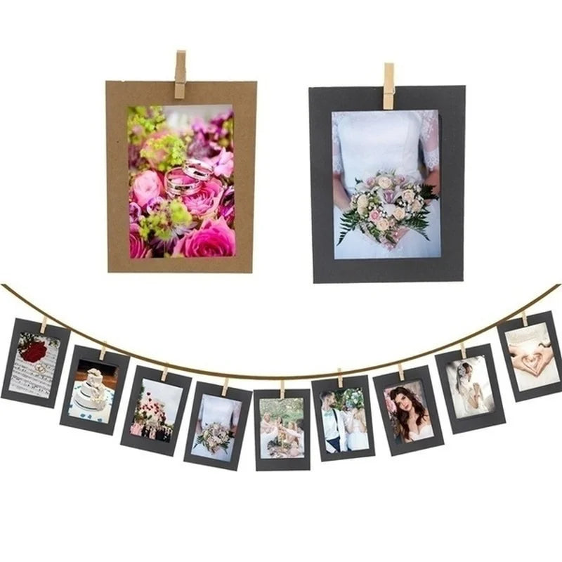 A set of rustic wooden clip photo display frames with kraft paper, featuring floral and portrait images.
