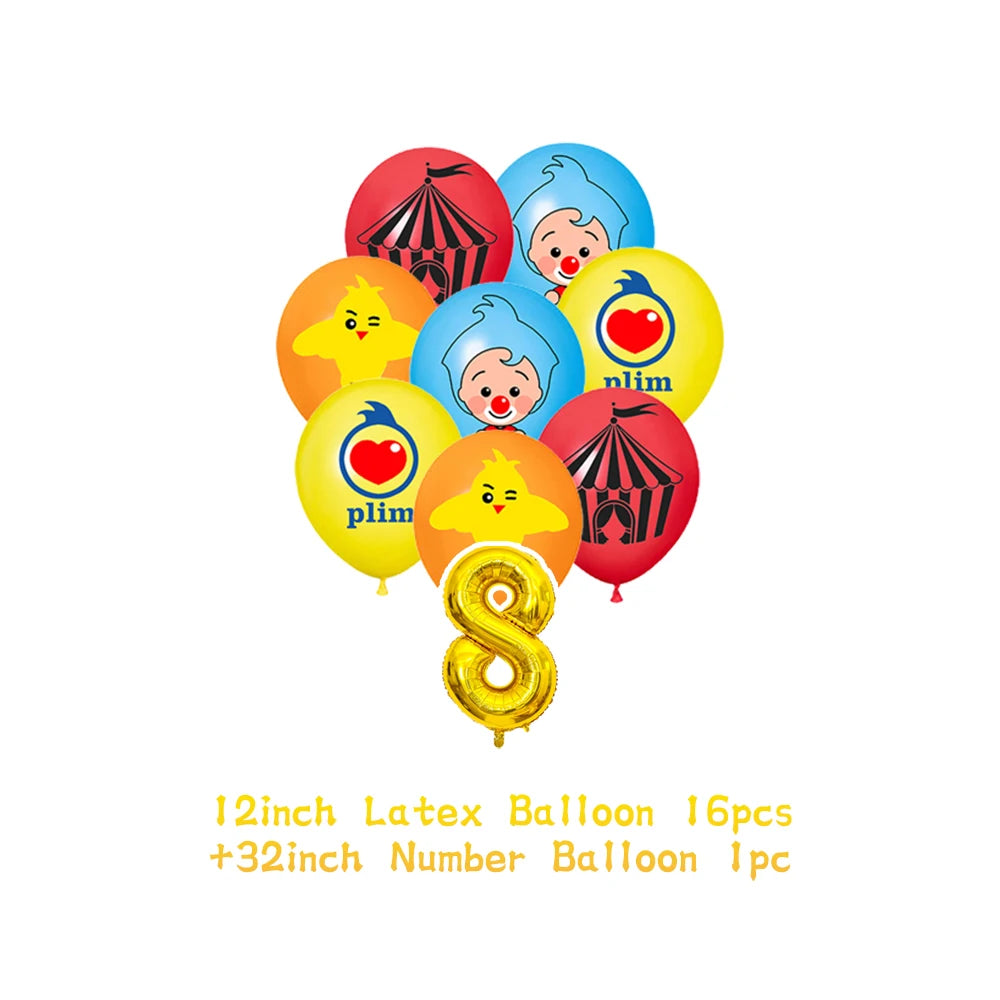 A set of colorful latex balloons featuring cartoon animals and the number eight for a party decoration.