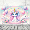 A pastel pink unicorn with a golden horn sits amidst balloons, rainbows, and flowers against a light blue background.