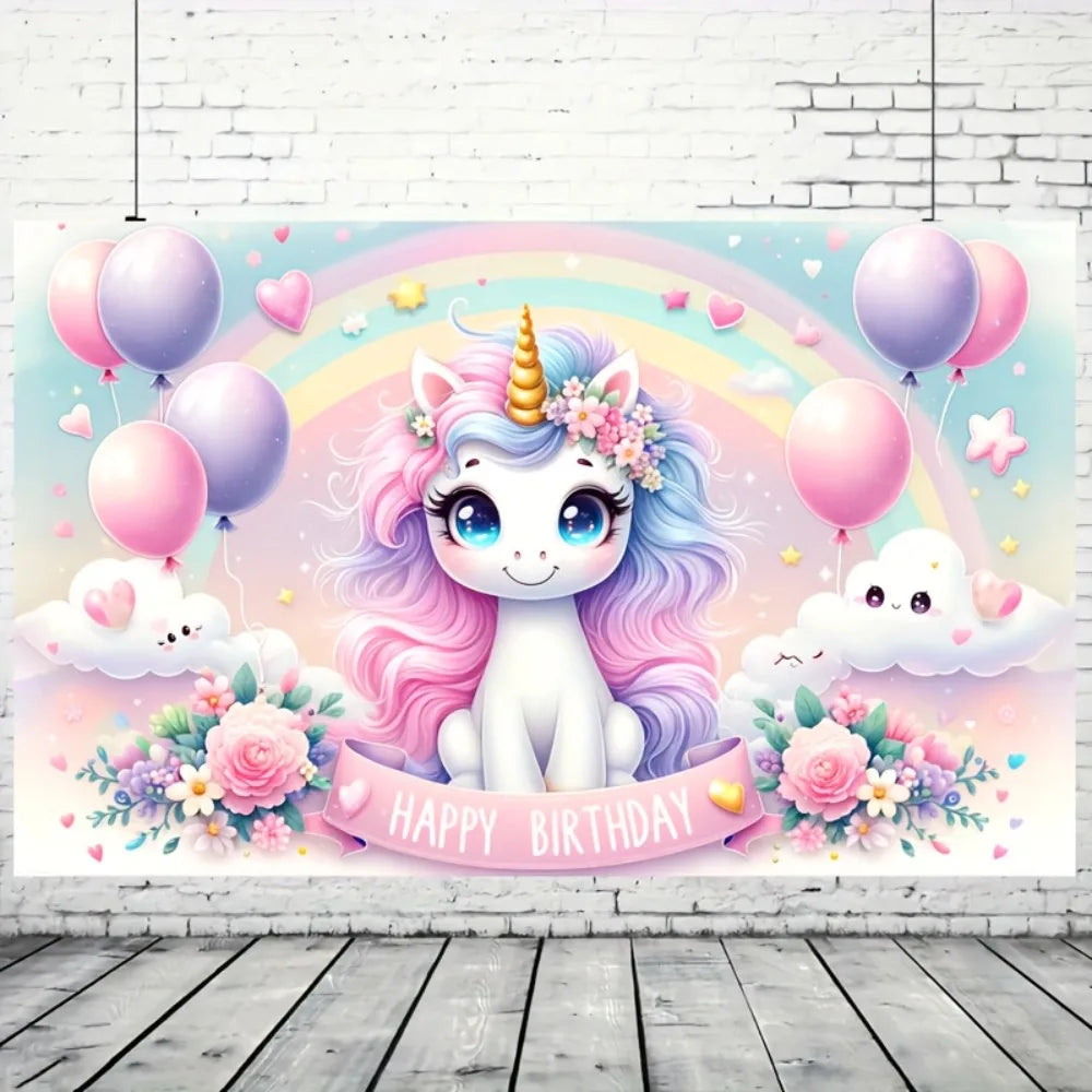 A pastel pink unicorn with a golden horn sits amidst balloons, rainbows, and flowers against a light blue background.