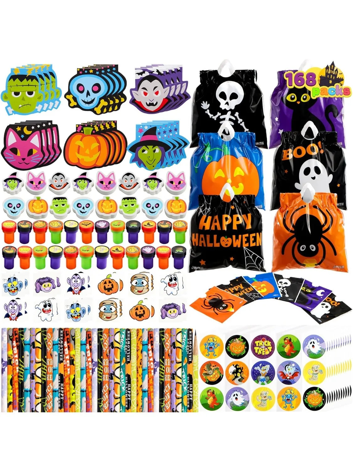 A set of 168 Halloween stationery gift bags featuring various spooky and trick-or-treat themed designs.